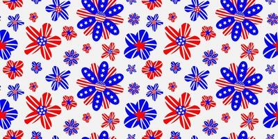 floral usa flag seamless pattern with abstract red blue flowers on white background, ideal for fourth of july crafts, digital papers, party and textile vector