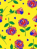 seamless pattern with patriotic roses hearts and usa flag design on yellow background for independence day web and wallpaper decor vector