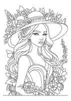 Portrait of a beautiful young woman in a hat decorated with flowers. Coloring page for children and adults. vector