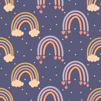 Dark seamless pattern with rainbows, hearts and clouds vector