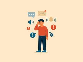 Overwhelmed by Notifications and Information Overload Stress. vector