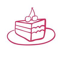 Cute Whimsical Piece of Cake with cherry on a plate isolated on a white background. Perfect for design of menu, cafe posters, logo vector