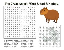 The Great Animal Word Safari for Adults Featuring a Capybara and Word Search Puzzle animal vector