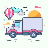 Cartoon Delivery Truck Illustration Featuring A Balloon And Clouds In A Light Color Palette vector