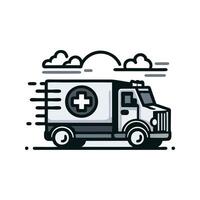 Stylized Ambulance Graphic Hurtling Forward With Speed Lines Against A Cloudy Sky Background vector