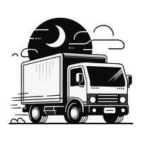 Illustration Of A Delivery Truck At Night With A Moon And Clouds In The Background Design vector