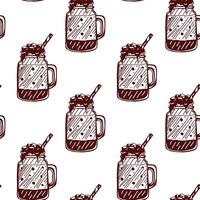Seamless pattern featuring beverages in mugs with straw and whipped cream vector