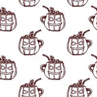 Seamless pattern featuring festive pumpkin mugs with playful expressions and straw accents for Halloween decorations. vector