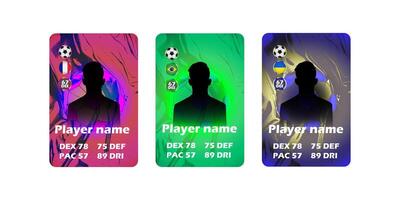 Set of three isolated football player cards with abstract neon backgrounds, national flags, silhouette avatars and player stats. Vertical composition. illustration in cartoon style. vector