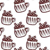 Seamless pattern of mugs filled with sweet treats and decorative stars on a clean background vector