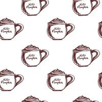 Cozy fall inspired seamless pattern featuring whimsical coffee mugs with the phrase hello pumpkin vector