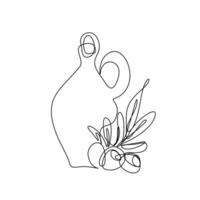 One continuous line silhouette of Olive oil in bottle and branch with fruit and green illustration. vector