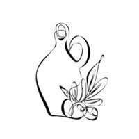 One continuous line silhouette of Olive oil in bottle and branch with fruit and green illustration. isolated glass jar with natural extra virgin oil for cooking vector