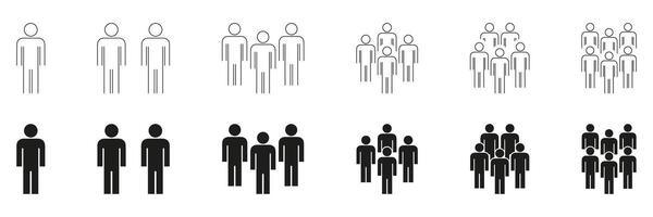 People Group Formation Icon Set. Social Interaction, Community Building, And Teamwork Outline And Silhouette Symbol Collection. Human Figures In Various Group Sizes. Isolated Illustration vector