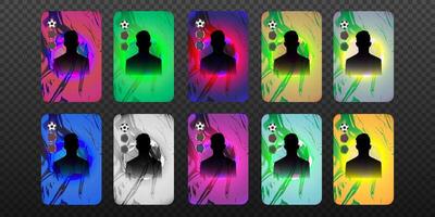 Collection of vertical abstract football cards with player silhouette, vibrant backgrounds and soccer icons. Dynamic design with copy space. Stock illustration in modern style. vector
