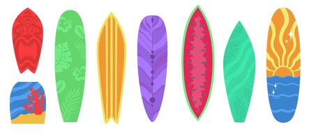 Set of colorful surfboards with unique patterns and shapes. Hand drawn flat illustrations perfect for beach themed designs, summer projects, apparel prints, and tropical lifestyle branding vector