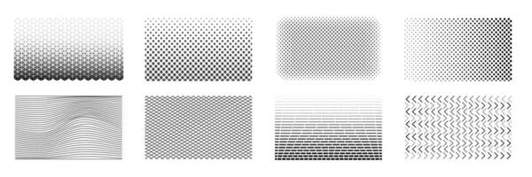 Set of black and white halftone patterns with geometric dots, lines, grids, and waves. Pixelated grain, backgrounds, posters, packaging, web and print design. Clean and scalable elements. vector