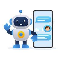 Friendly chatbot robot with smartphone illustration of AI assistant. illustration vector