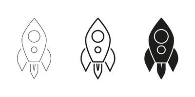 Rocket Ship Icons In Line, Outline, And Glyph Icon Set. Space Exploration And Innovation Symbol Collection. Technology, Startup, And Futuristic Themes. Isolated Illustration vector