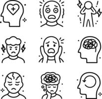 Anxiety icon pack featuring diverse symbols representing stress worry fear and mental health challenges providing visual aids for designers and therapists, websites apps presentations and publications vector