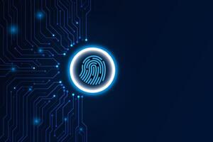 Fingerprint scan internet data storage database and server with circuit board, technology background vector