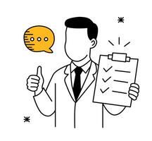 Businessman with checklist giving thumbs up. Task completed and communication concept. vector