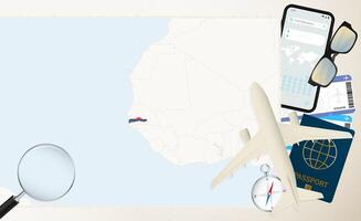 Gambia map and flag, cargo plane on the detailed map of Gambia with flag. vector