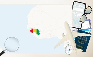 Guinea map and flag, cargo plane on the detailed map of Guinea with flag. vector