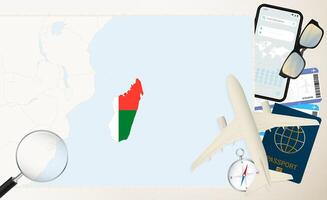 Madagascar map and flag, cargo plane on the detailed map of Madagascar with flag. vector