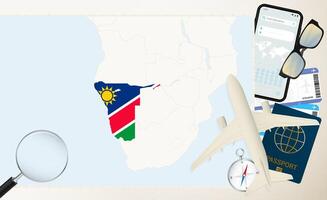 Namibia map and flag, cargo plane on the detailed map of Namibia with flag. vector
