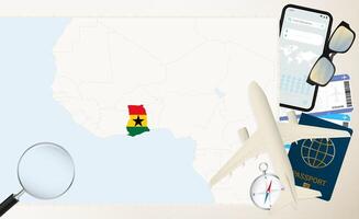 Ghana map and flag, cargo plane on the detailed map of Ghana with flag. vector