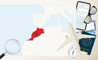 Morocco map and flag, cargo plane on the detailed map of Morocco with flag. vector