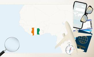 Ivory Coast map and flag, cargo plane on the detailed map of Ivory Coast with flag. vector