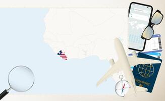 Liberia map and flag, cargo plane on the detailed map of Liberia with flag. vector
