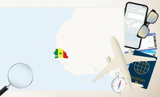 Senegal map and flag, cargo plane on the detailed map of Senegal with flag. vector