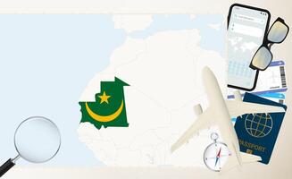 Mauritania map and flag, cargo plane on the detailed map of Mauritania with flag. vector
