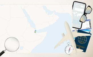 Djibouti map and flag, cargo plane on the detailed map of Djibouti with flag. vector