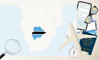 Botswana map and flag, cargo plane on the detailed map of Botswana with flag. vector
