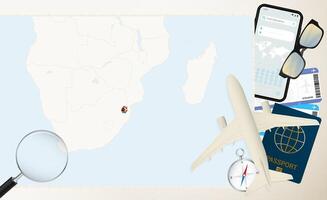 Swaziland map and flag, cargo plane on the detailed map of Swaziland with flag. vector