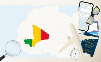 Mali map and flag, cargo plane on the detailed map of Mali with flag. vector
