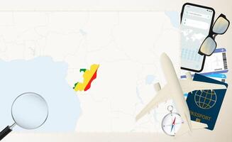Congo map and flag, cargo plane on the detailed map of Congo with flag. vector