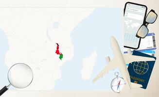Malawi map and flag, cargo plane on the detailed map of Malawi with flag. vector