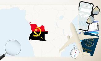 Angola map and flag, cargo plane on the detailed map of Angola with flag. vector