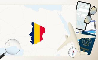 Chad map and flag, cargo plane on the detailed map of Chad with flag. vector