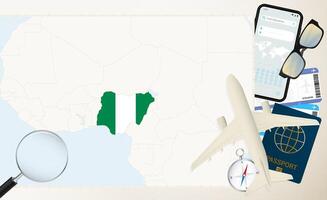 Nigeria map and flag, cargo plane on the detailed map of Nigeria with flag. vector