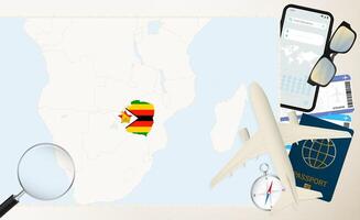 Zimbabwe map and flag, cargo plane on the detailed map of Zimbabwe with flag. vector