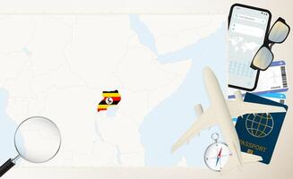 Uganda map and flag, cargo plane on the detailed map of Uganda with flag. vector