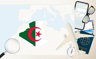 Algeria map and flag, cargo plane on the detailed map of Algeria with flag. vector