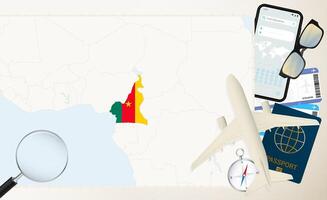 Cameroon map and flag, cargo plane on the detailed map of Cameroon with flag. vector