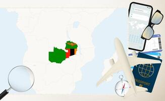 Zambia map and flag, cargo plane on the detailed map of Zambia with flag. vector
